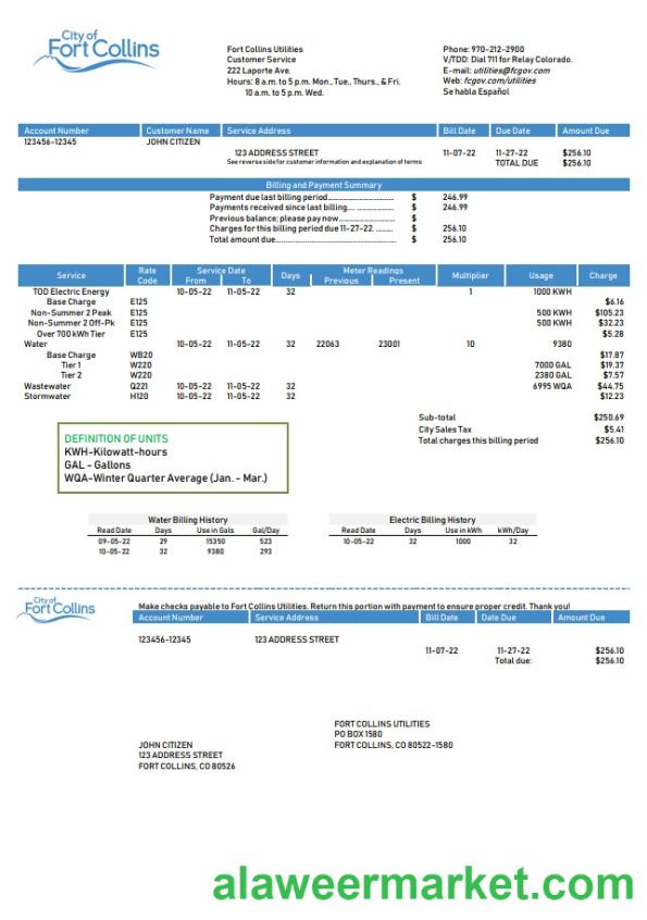 USA Colorado Fort Collins Utilities utility bill template in Word and PDF format